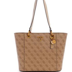 GUESS Small Noelle Elite faux-leather logo repeated tote bag purse -LATTE